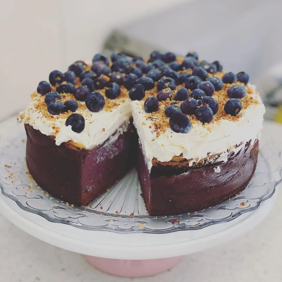 A slice of blueberry cheesecake